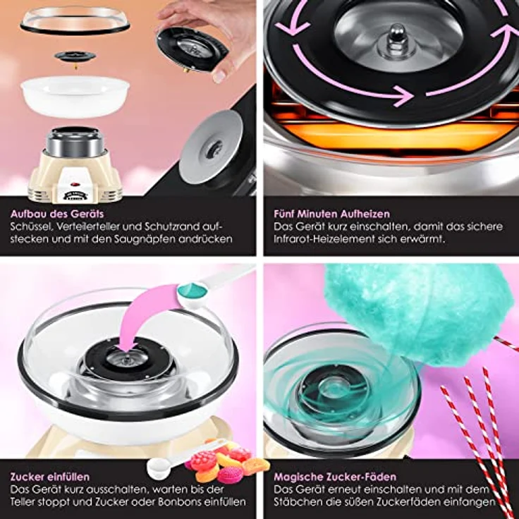KESSER® Zuckerwattemaschine Set für Dein zuhause - Mit 30x Zuckerwatte Stäbchen & Messlöffel - Retro Cotton Candy Maschine - Zuckerwatte Maschine Mit Zubehör - Höhe 22 cm - 500 W Creme Weiß – Bild 3