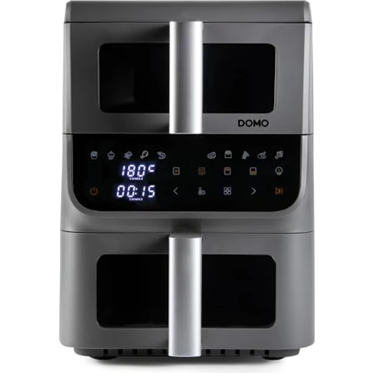 DOMO DO550FR Heißluftfritteuse 2 Kammern Vertikal, 10L, 2500W, LED Touchdisplay mit Sichtfenster, platzsparendes Design, grau – Bild 5