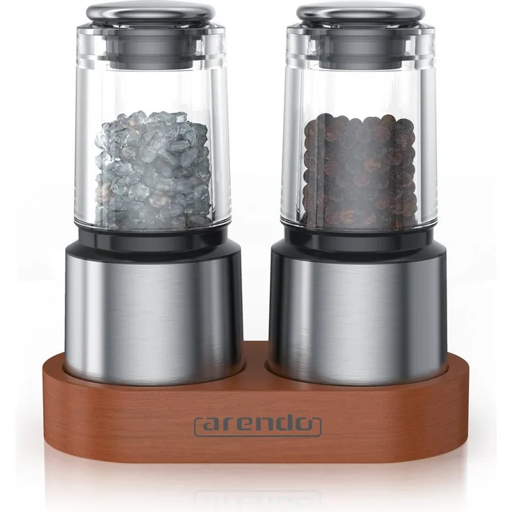 Arendo Salz-/Pfeffermühle Set, manuelles 2er Set mit stufenlos einstellbarem Keramikmahlwerk und Holzständer, Edelstahl Design