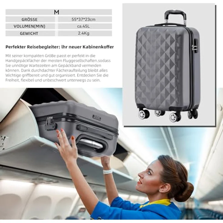 BEIBYE Kofferset, Hartschale Trolley Reisekoffer mit 4 Zwillingsrollen, 360° System, integriertes Sicherheits-Zahlenschloss, Größe M (55x34x22cm) in Dunkelgrey – Bild 3