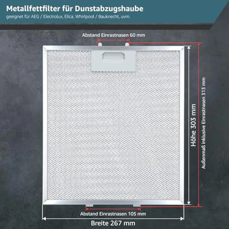 Kenekos Metallfettfilter, 305 x 267 mm, spülmaschinenfest, geeignet für AEG, Elica und Whirlpool Dunstabzugshauben – Bild 2