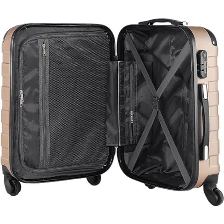 MONZANA® Kofferset Essential, Hartschalen Trolley Koffer M-L-XL mit 4 Rollen, Gel-Griffen, Kantenschutz, Beautycase und Zahlenschloss, Champagner – Bild 2