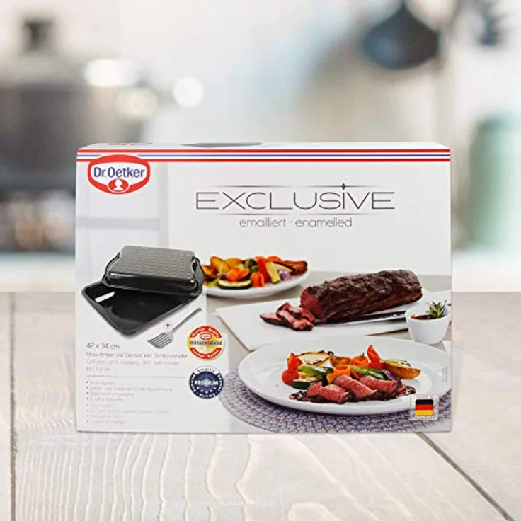 Dr. Oetker Maxi-Bräter EXCLUSIVE, eckige Auflaufform aus Stahlblech für Hähnchen und Gemüse (Grau-Braun/Crème) – Bild 2