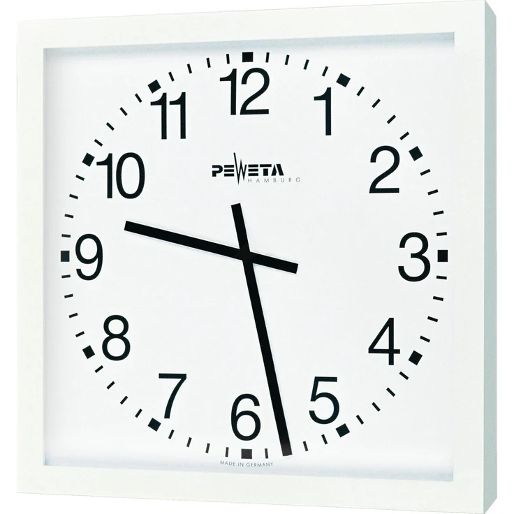 Peweta Grossraum-Wanduhr DCF77, 40x40 cm, batteriebetrieben, robustes Aluminiumgehäuse, weiß, ballwurfsicher verfügbar