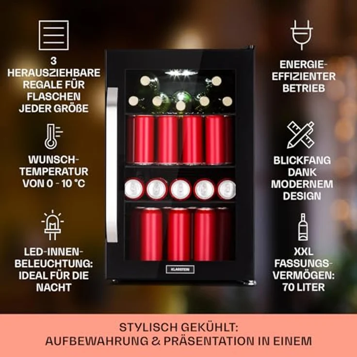 Klarstein Kühlschrank 70L, Mini Getränkekühlschrank mit Glastür & LED, Outdoor geeignet, leiser Biersafe, 0-10°C, herausnehmbarer Ablagen – Bild 2