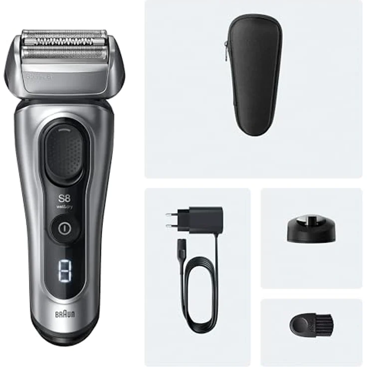 Braun Series 8, Elektrorasierer mit 4 Scherelementen, wasserfest, silber, inkl. Reiseetui und Ladeständer – Bild 6