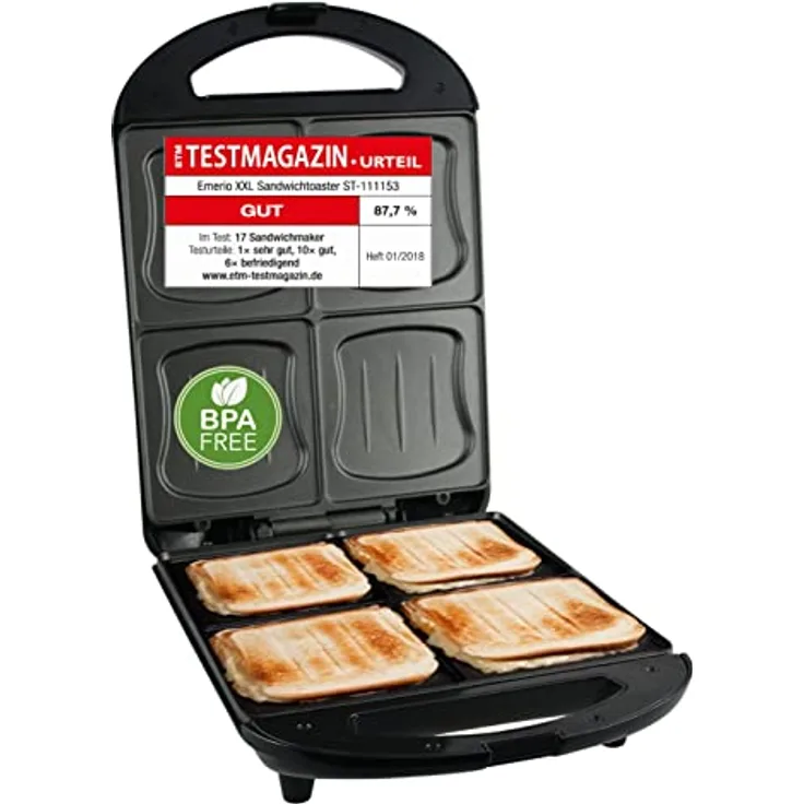 Emerio XXL Sandwich Toaster TEST GUT für alle Toastgrößen geeignet 4x große Muschelform für die ganze Familie Käse läuft nicht aus kein Verschmieren BPA frei 1300 Watt Sandwichmaker 4er