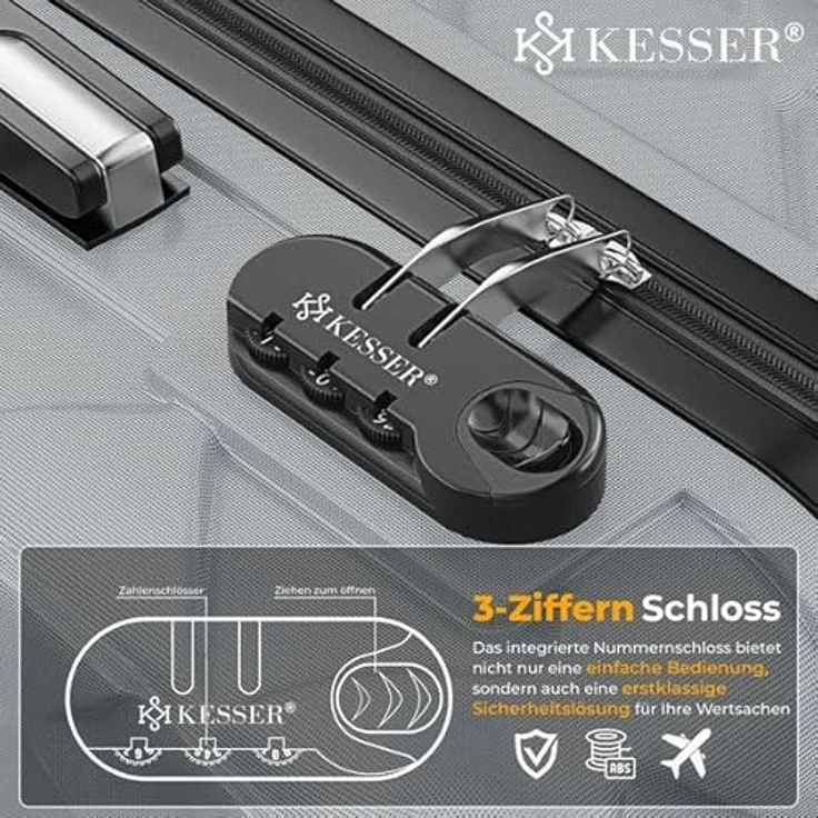 KESSER® Reisekoffer Set 4-teilig, ABS Hartschalenkoffer mit Zahlenschloss, Kofferwaage, Reisebrieftasche und 360° Rollen, Handgepäck & große Koffer in Iron Grey – Bild 3