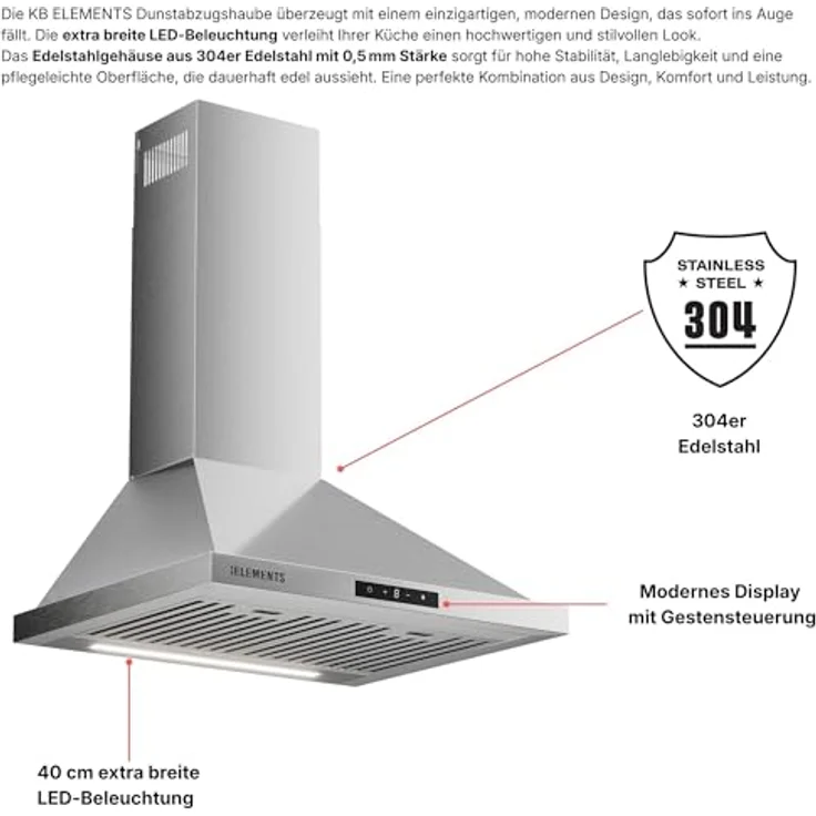 KB ELEMENTS Dunstabzugshaube 60cm, Umluft/Abluft mit 650m³/h Saugleistung, Brushless-Motor, Touch-Gestensteuerung, Edelstahl, inklusive 2 Aktivkohlefilter und 2 Baffle-Fettfilter – Bild 4