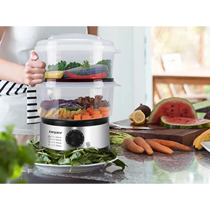 Beper 5 L Multifunktionaler Dampfgarer, Kompaktspeicher, 60-Minuten-Timer, Leistung 400-500 W, - Silber und Schwarz – Bild 7