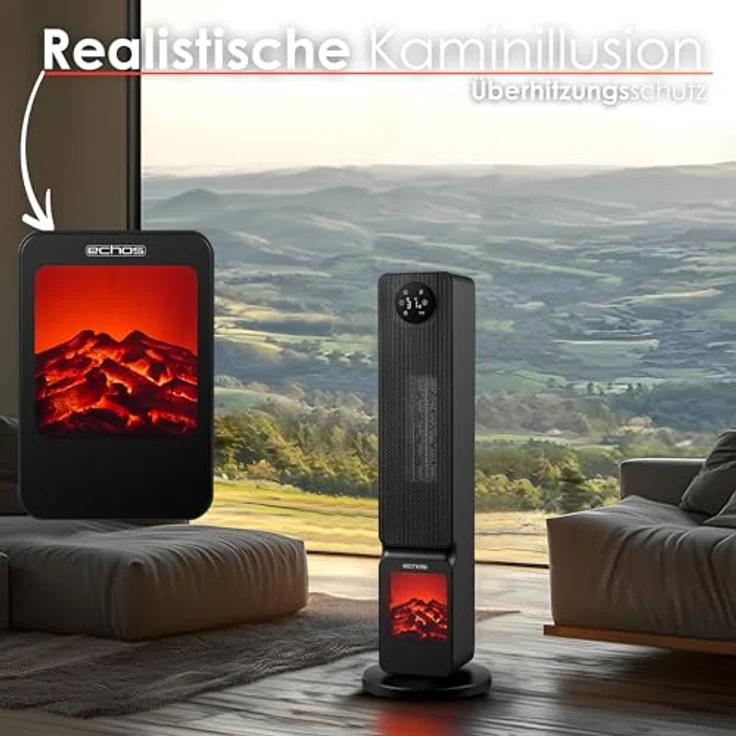 Echos Heizlüfter mit Kaminillusion energiesparend Oszillierend Überhitzungsschutz 2000 Watt 2 Stufen Smartphone steuerbar Tuya App Leise mobile Elektroheizung Miniheizung Heater – Bild 5