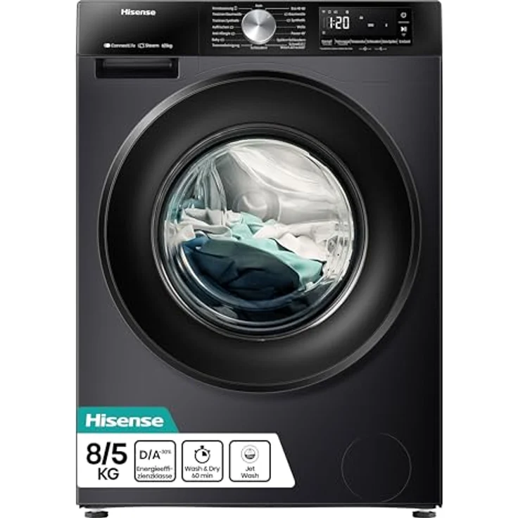 Hisense WD3S8043BB3 Waschtrockner mit 16 Programmen, 8 kg Nutzlast, Dampffunktion, Eco Wash und Anti-Allergie Programm, EEK A-D – Bild 1