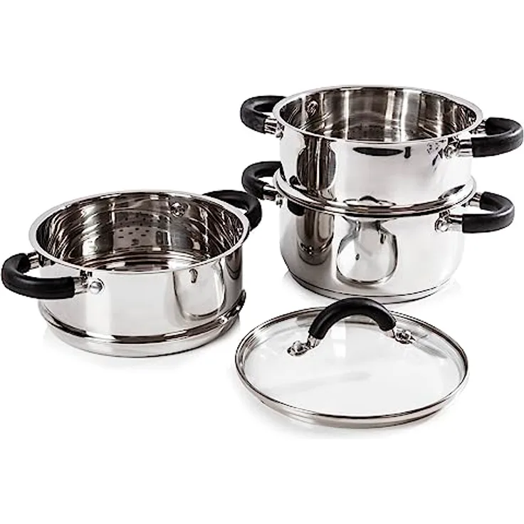 Tower T80836 Essentials Induktions-Dampfgarpfannen, 3 Etagen mit Glasdeckel, Silikongriffe, Edelstahl, Dampfgaren, Hochglanzpoliert, 18 cm, Silber