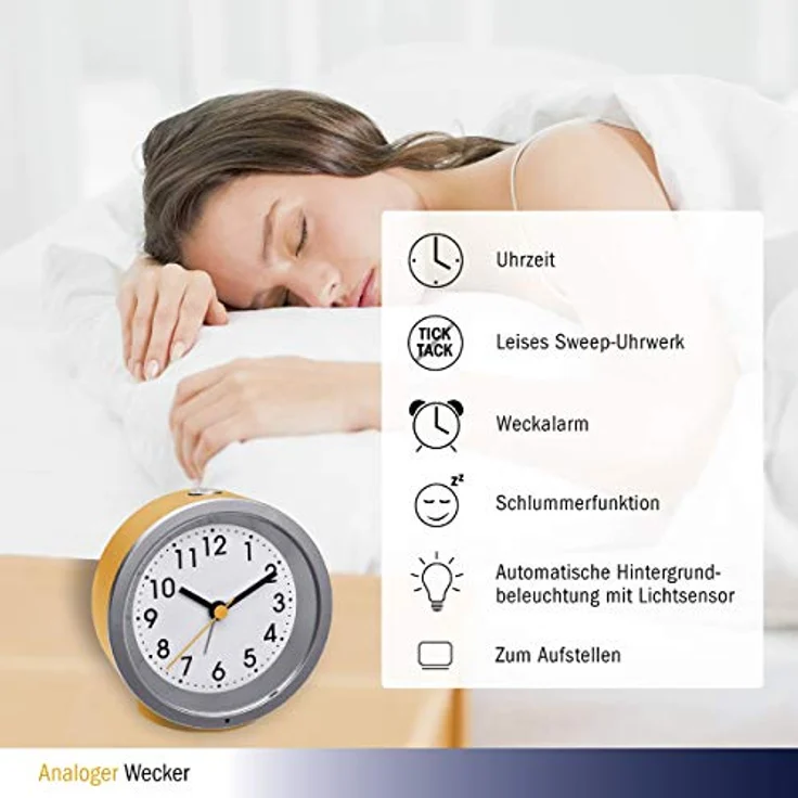 TFA Dostmann TFA 60.1034, analoger Quarzwecker mit lautlosem Sweep Uhrwerk, Nachtbeleuchtung und Snooze-Funktion – Bild 3