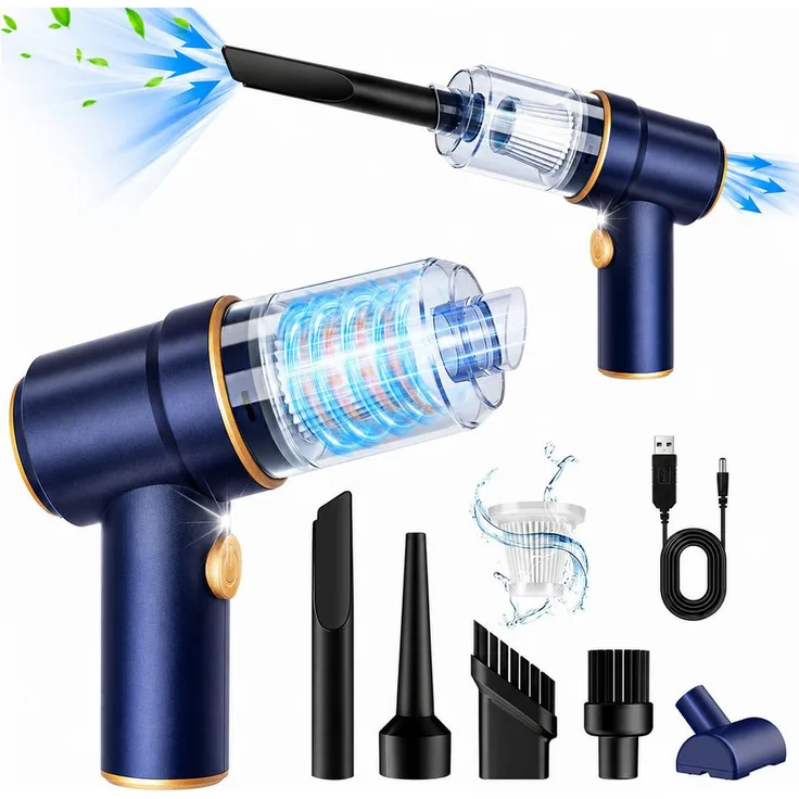 Alpha Electronics Handstaubsauger 3in1, Akku Staubsauger mit 120 W, Beleuchtung, 5 Aufsätzen, Saug- & Ausblasfunktion, waschbarem HEPA-Filter