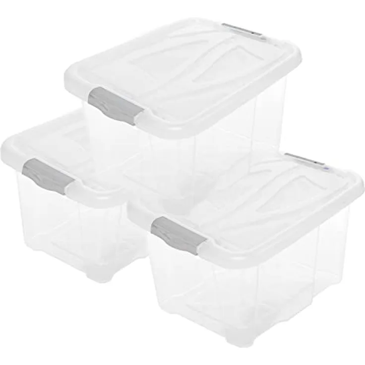 2friends 3er Set Aufbewahrungsbox Mira, große transparente Plastikbox mit Deckel, 30 Liter, ideal für Kleidung, Spielzeug & Werkzeug, Made in EU