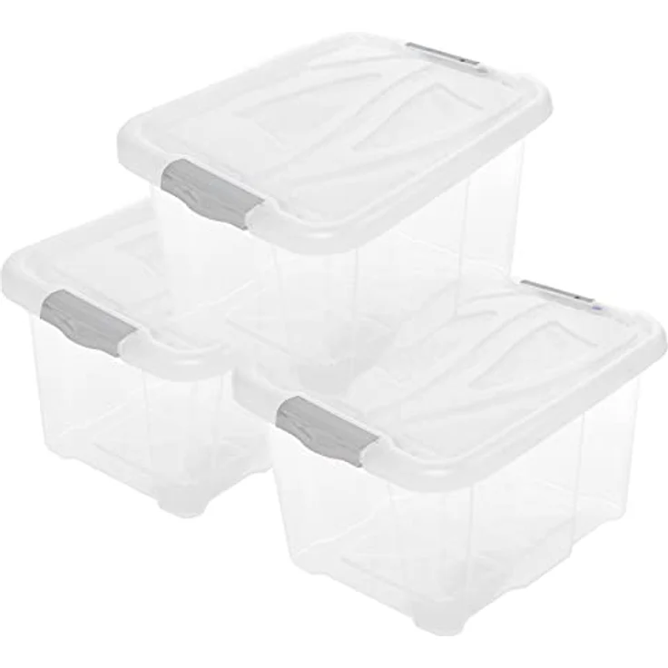 2friends 3er Set Aufbewahrungsbox Mira, große transparente Plastikbox mit Deckel, 30 Liter, ideal für Kleidung, Spielzeug & Werkzeug, Made in EU – Bild 1