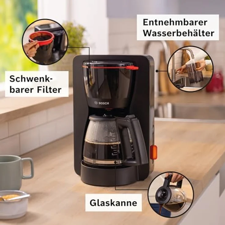 Bosch Filterkaffeemaschine MyMoment TKA3M133, Glaskanne 1,25 L, für 10-15 Tassen, 60min Warmhaltefunktion, Tropfstopp, schwenkbarer Filterträger, Entkalkungsprogramm, 1200 Watt, Schwarz matt – Bild 3