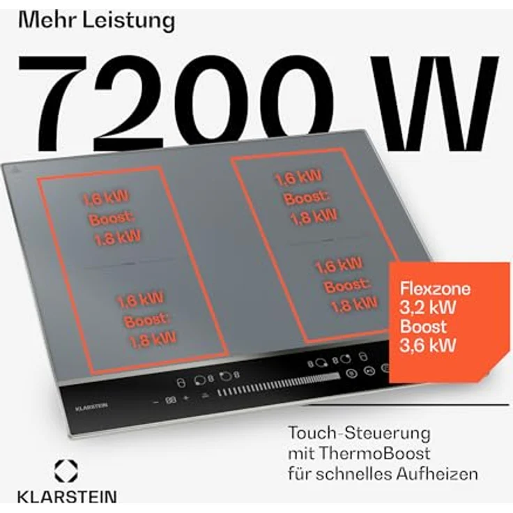 Klarstein DualTone Flex Induktionskochfeld - 4-Zonen Induktionsherd mit 7200 W, Flex-Zonen, Thermoboost, Schieberegler, Timer, Aluminiumrahmen, Silber – Bild 3