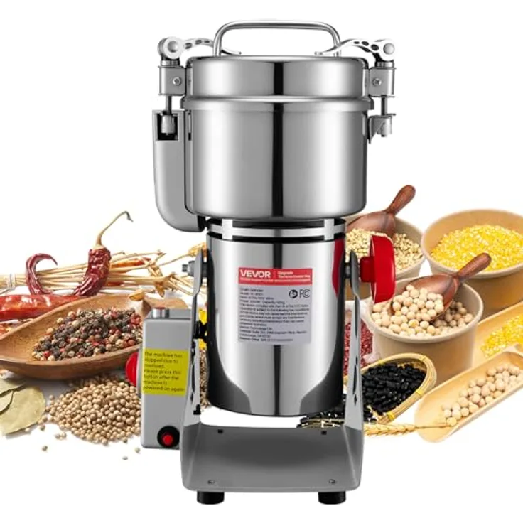 VEVOR Elektrische Getreidemühle 800 g, 2100 W Edelstahl, Hochleistungs-Gewürzmühle mit zeitsparender Mahlfunktion und 270°-Schüttelvorrichtung