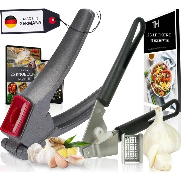 Thiru Knoblauchpresse, inklusive Premium-Modell für Ingwer, Zwiebeln & Kapern, kein Schälen notwendig, made in Germany