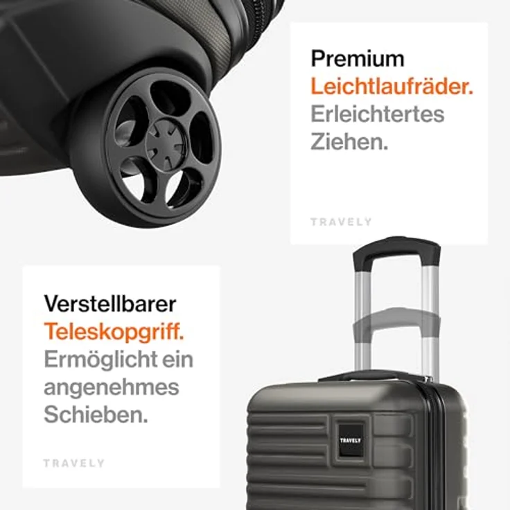 Travely Premium Handgepäck Koffer 40x30x20cm - Mondsteingrau, 26L Trolley Handgepäck mit sanften Rollen – Bild 5