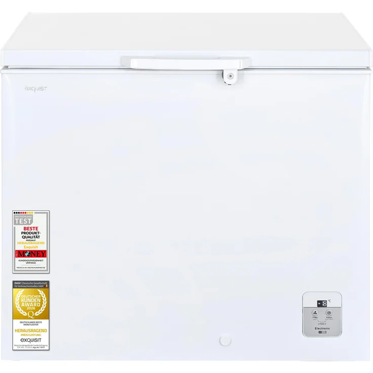 Exquisit Gefriertruhe GT220-HE-010A, 217 l Nutzinhalt, Energieklasse A, Schnellgefrieren, LED-Anzeige, abschließbare Tür, weiß