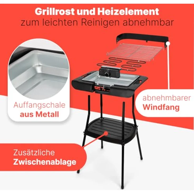 Clatronic BQS 3842, 2in1 Stand- und Tischgrill, Elektrogrill für innen und außen, 2000W, rauch- und geruchsarm, inkl. Windschutz – Bild 5