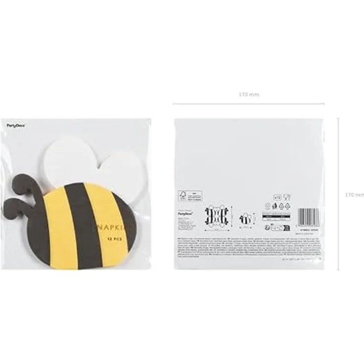 partydeco Papierserviette Bienenmotiv, 16x15cm, 12 Stück Schwarz/Gelb, 2-lagig, FSC-zertifiziert – Bild 5