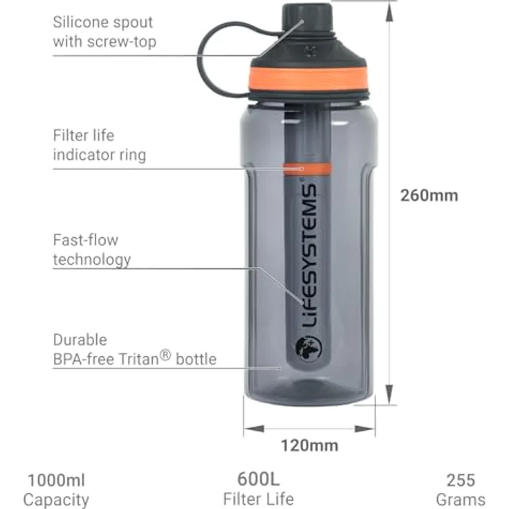 Lifesystems Wasserfilterflasche „Filter + Purifier“, 1000ml, Grau, mit Schnellfluss-Technologie und langlebigem Filter für bis zu 600 Liter Wasser – Bild 2