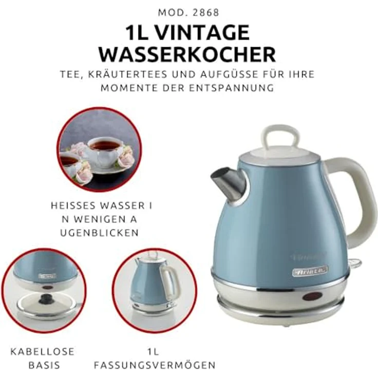 Ariete 2868 Vintage, elektrischer Design-Wasserkocher aus Edelstahl für Aufgussgetränke, Tee und Kräutertees, Abschaltautomatik, ergonomischer Griff, 1 Liter, 1600 W, Hellblau – Bild 2