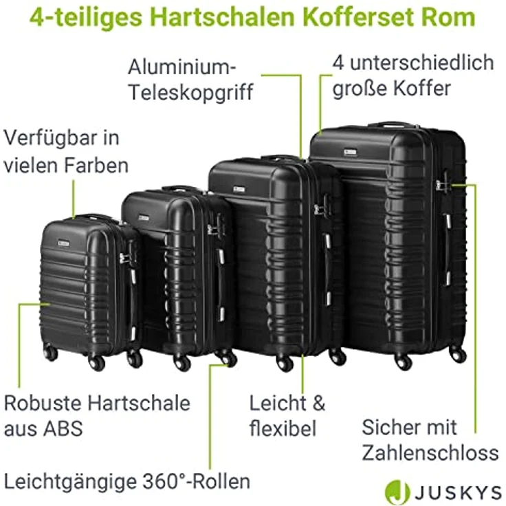 Juskys Hartschale Kofferset Reisekoffer 4 teilig - Zahlenschloss, geräuscharme 360° Rollen groß, Teleskopgriff, leicht - Koffer in Schwarz – Bild 3