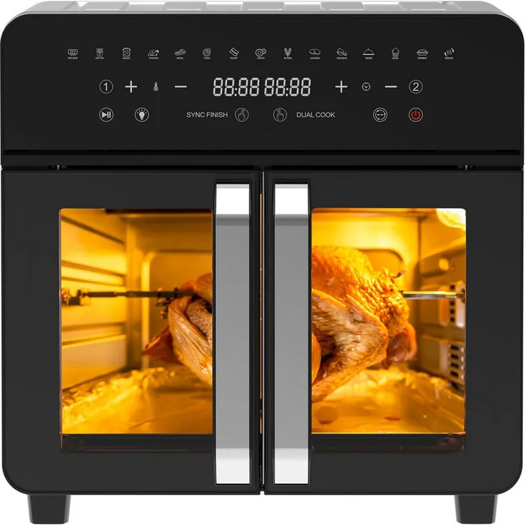 Comfy Mate Heißluftfritteuse 23L, Dual-Zone Airfryer mit herausnehmbarer Trennwand, 2200W, 15-in-1 Smart-Elektro-Ofen, Schwarz/Silber, 12 Zubehörteile