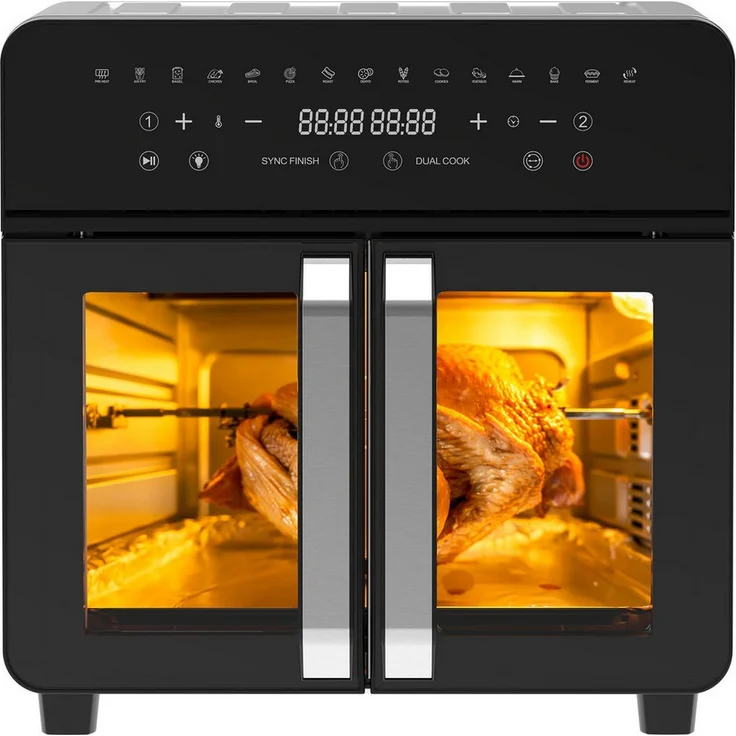 Comfy Mate Heißluftfritteuse 23L, Dual-Zone Airfryer mit herausnehmbarer Trennwand, 2200W, 15-in-1 Smart-Elektro-Ofen, Schwarz/Silber, 12 Zubehörteile