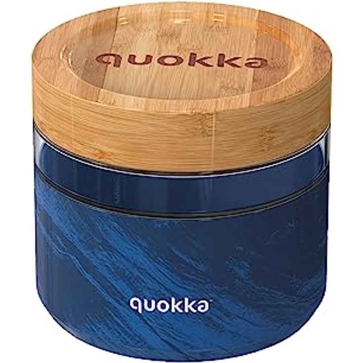 Quokka Deli Glas Foodbehälter, auslaufsichere Lunchbox mit Bambusdeckel und rutschfester Silikonhülle, 500 ml, Blau – Bild 1