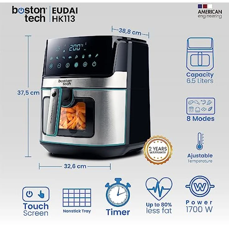 EUDAI Fritteuse ohne Öl, 6,5 l, Luftfritteuse mit Fenster, 8 Programme, LED-Display, Touch-Steuerung, Temperatur einstellbar, Antihaft Korb, Timer, 1700 W, inklusive Rezept, Edelstahl – Bild 2