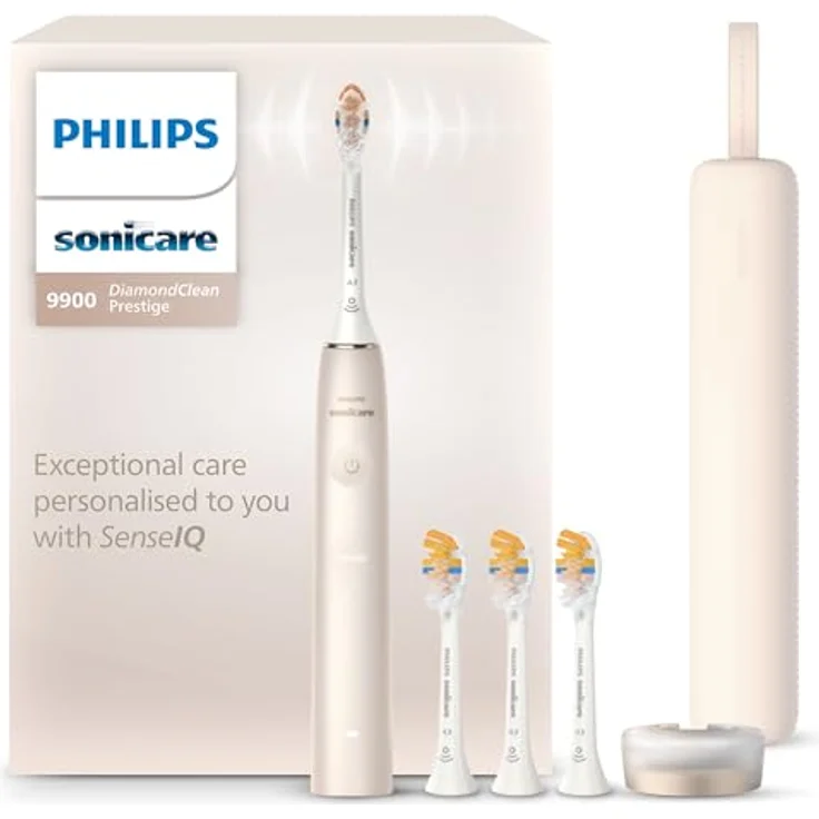 Philips Sonicare DiamondClean 9900 Prestige, elektrische Zahnbürste mit SenseIQ Technologie, 5 Putzmodi, 3 Intensitätsstufen, Reiseladeetui, champagner, Modell HX9992/44 – Bild 1