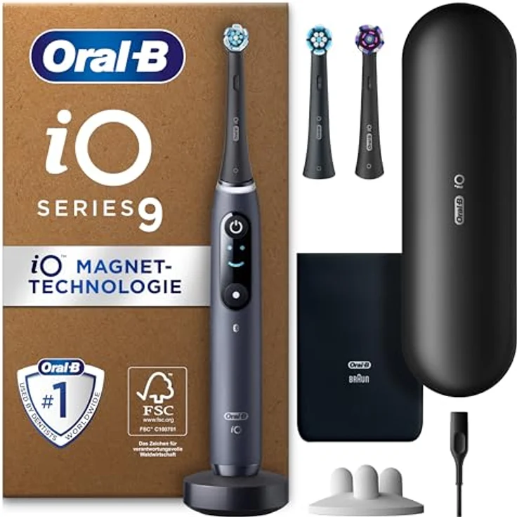 Oral-B iO Series 9 Plus Edition Elektrische Zahnbürste mit 3 Aufsteckbürsten, Whitening, 7 Putzmodi, Magnet-Etui, recycelbare Verpackung, black – Bild 1