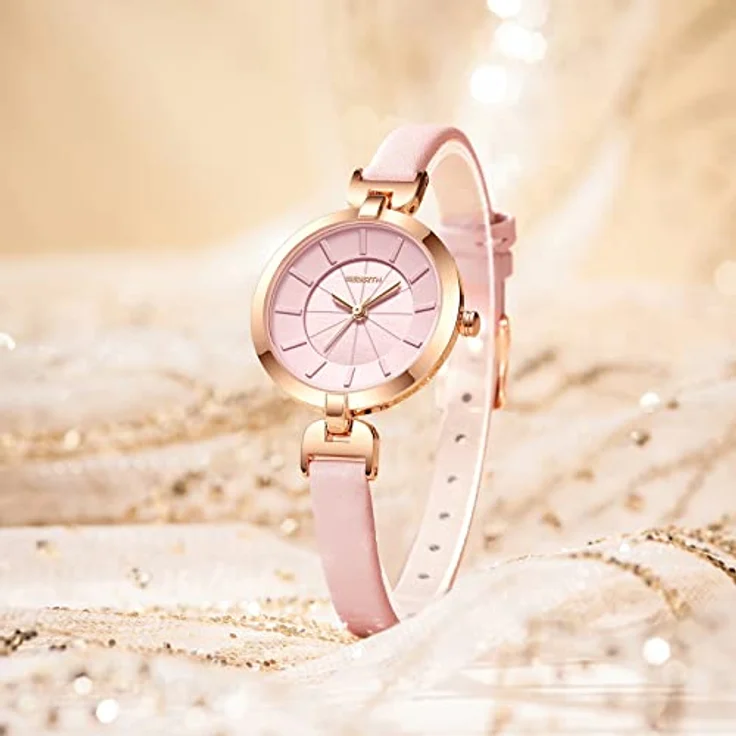 JewelryWe Damenuhr Elegant Analog Quarz, schmale Echtleder Armbanduhr, 30m wasserdicht, rosa, mit dreidimensionalem Zifferblatt für Frauen und Mädchen – Bild 2