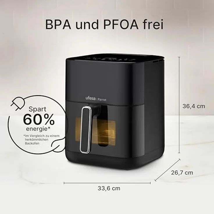 UFESA Parrot, Air Fryer mit Dampf, Doppelter Widerstand, 6 L, 1800 W, 10 Vorprogrammierte Programme, Fenster und Innenlicht, inklusive Rezeptbuch – Bild 3