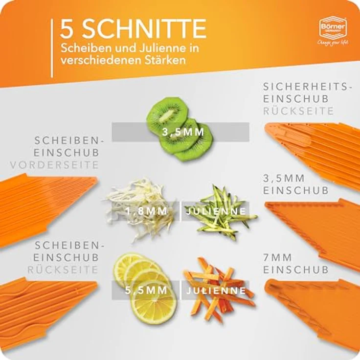 Börner Gemüsehobel V1 ClassicLine Starter Set, Kunststoff, mit 2 Messereinschüben orange – Bild 3
