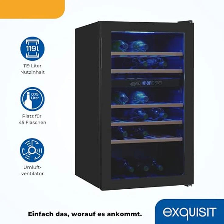 Exquisit Weinkühlschrank WS2-45-GTE-160G, 2 Zonen für 45 Flaschen, 119 Liter, Umluftventilator, digitale Temperaturanzeige, schwarz – Bild 3