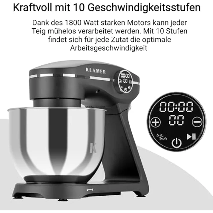 KLAMER Küchenmaschine 1800W, Knetmaschine mit 6 Liter Edelstahl Schüssel, 10 Geschwindigkeitsstufen mit Timer, Rührbesen, Knethaken, Schneebesen und Spritzschutz – Bild 5
