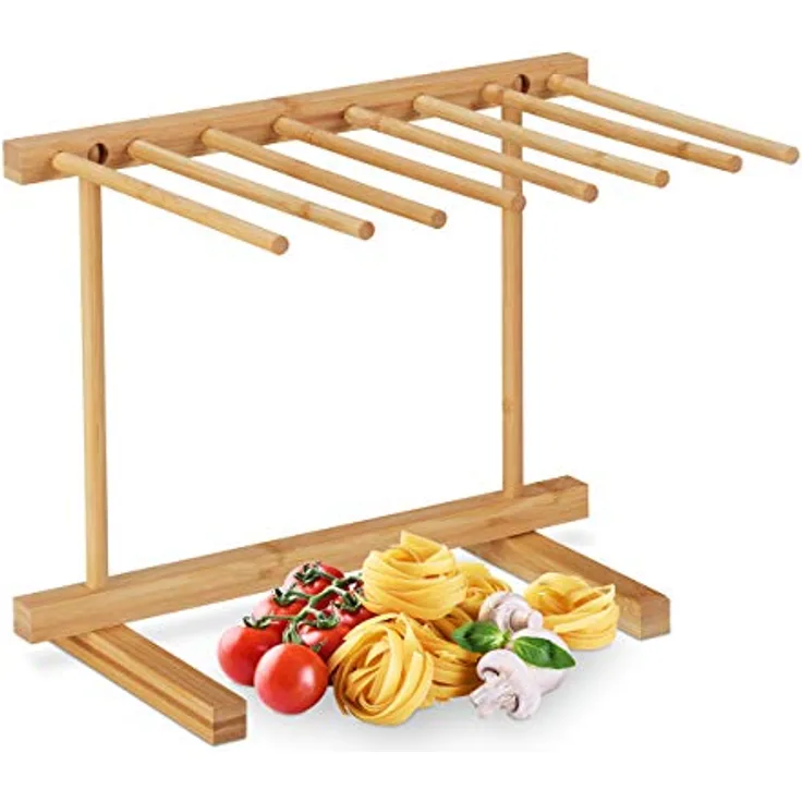 Relaxdays Nudeltrockner, 8 Stangen, lange Pasta platzsparend trocknen, faltbar, Nudelständer Bambus, 28 cm hoch, natur, 28.5 x 35.5 x 26.5 cm