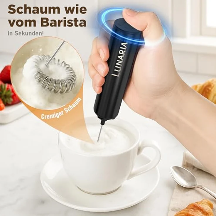 LUNARIA Milchaufschäumer kabellos, Edelstahl, schwarz/silber, 8 W, für Cappuccino & Latte Macchiato, USB aufladbar, 2 Aufsätze – Bild 7