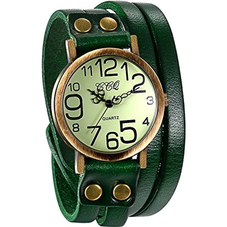 JewelryWe Herren Damen Armbanduhr, Grünes Leder Wickelarmband, Casual Retro, Analog Quarzwerk, Vintage Digital Zifferblatt – Bild 1