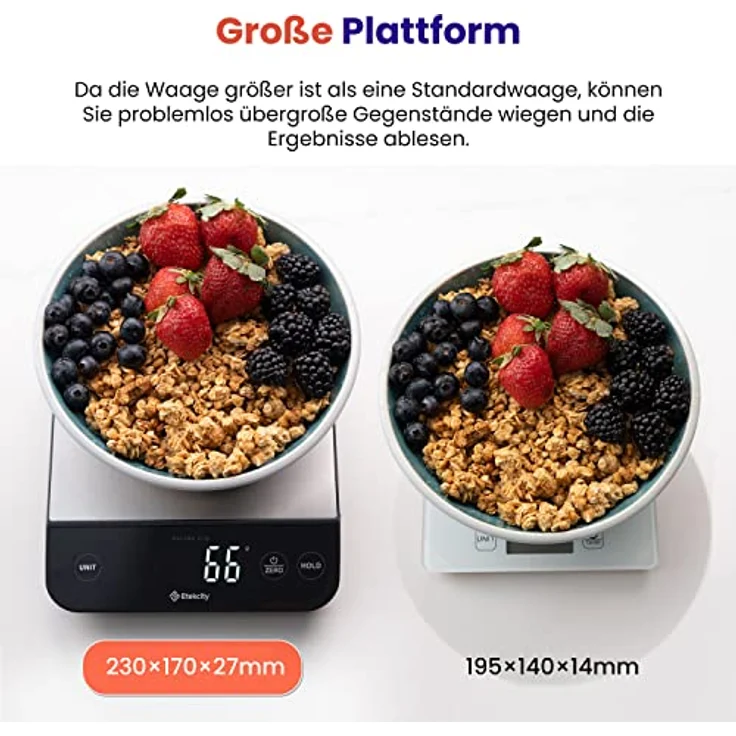 ETEKCITY Küchenwaage digital, Waage Küchenwaage mit größer lebensmittelechter Edelstahl-Platte, USB-Aufladung, wasserdichte 10KG Waage mit LED-Display, hohe Präzision bis zu 1g, Tara-Funktion, Silber – Bild 5