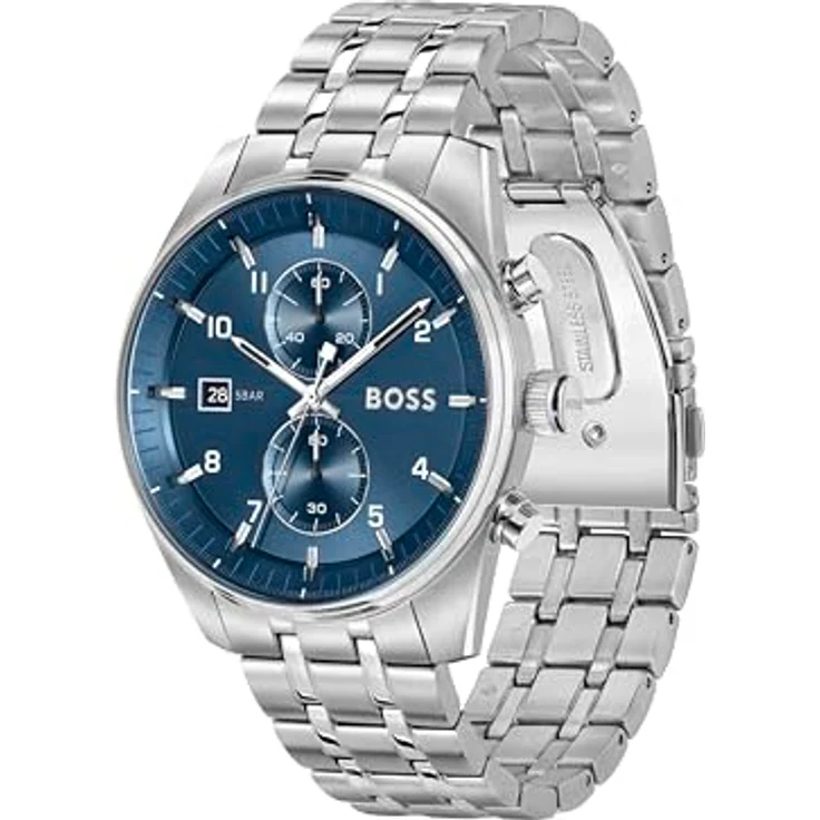 BOSS SKYTRAVELLER LE Chronographen-Quarzuhr mit Kalender, 44mm Edelstahlgehäuse, blauer Sunray Zifferblatt, silbernes Edelstahlarmband, 5 ATM wasserdicht - 1514216 – Bild 2