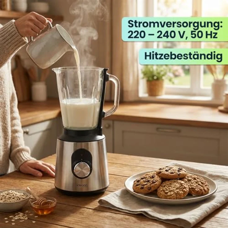 shop'n smile ideoon Standmixer Edelstahl 1000W mit 1,5L Glasbehälter, 2 Geschwindigkeitsstufen + Pulse, rutschfest, spülmaschinenfest, Silber/Schwarz – Bild 5