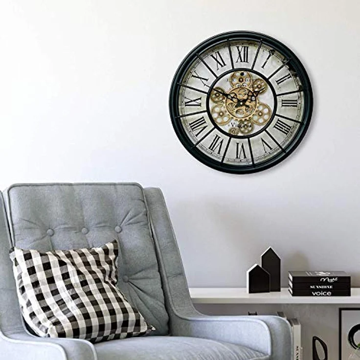 K&L Wall Art Alenio Große Vintage Metall Glas Wanduhr in XXL mit bewegenden Zahnrädern Römische Ziffern Zahnrad Wanduhr Wohnzimmer Wand Uhr Deko Schwarz Gold Ø46 cm Gross – Bild 1
